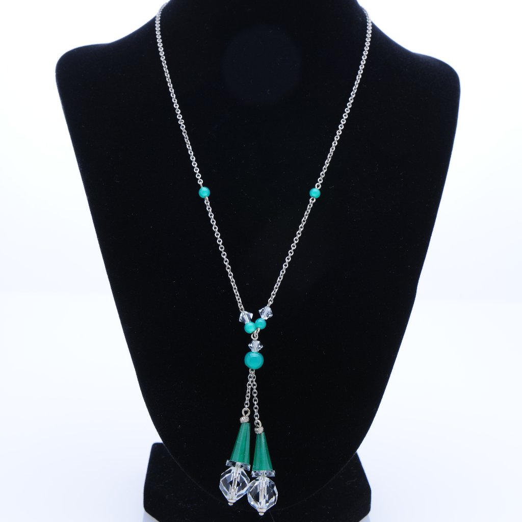 Silver Chain Green And Clear Crystal Necklace Vint